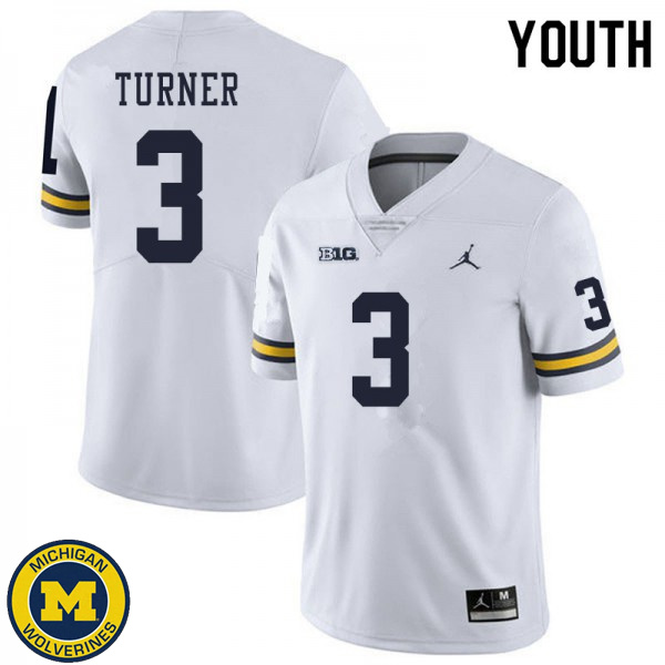 Youth University of Michigan #3 Christian Turner White Official Game Jersey